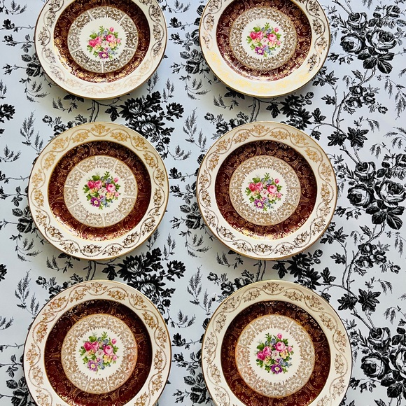 Vtg 1930 Edwin M. Knowles China Co.Semi Vitreous 6 Dessert Plates Floral22k Gold - Picture 2 of 9